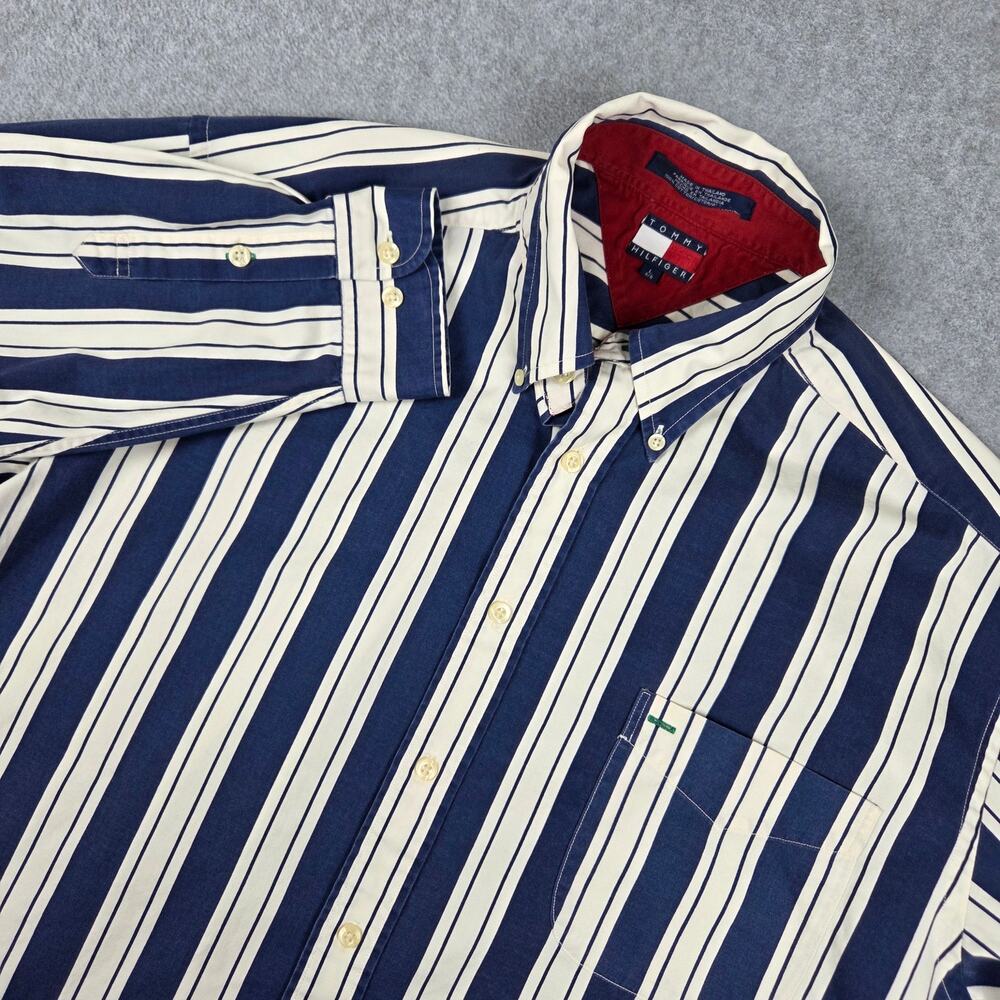 Vintage Tommy Hilfiger Large Navy Stripe Long Sleeve Button Up Shirt